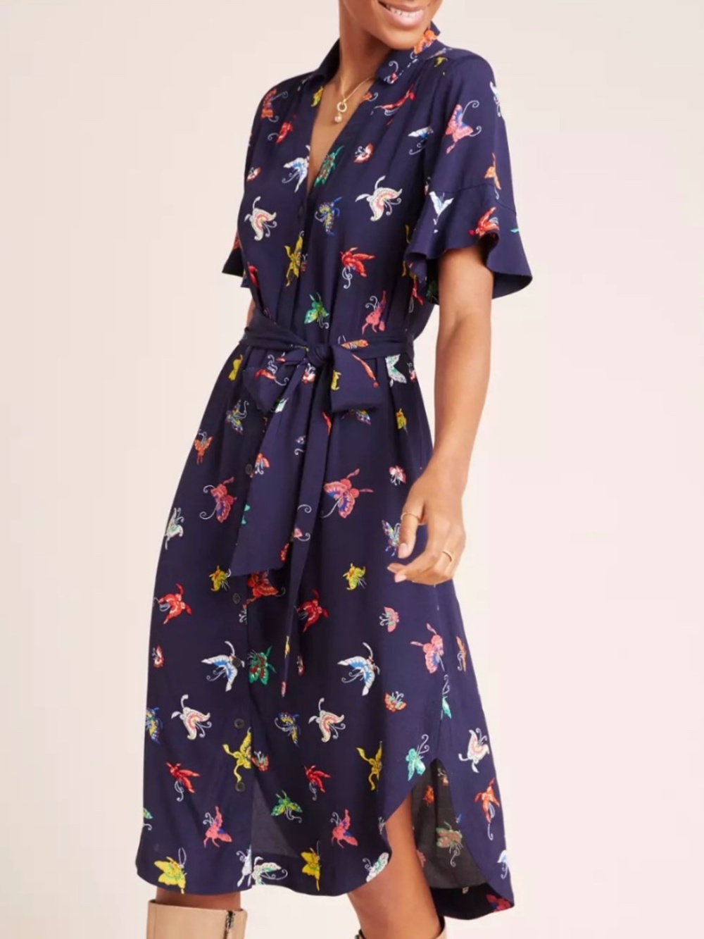 Title Maeve Anthropologie Navy Flutterby Belted Butterfly Print Midi Shirt Dress